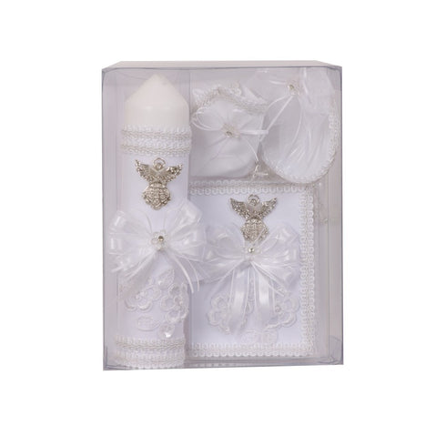 Rain Kids Unisex White Holy Spirit Applique English Baptism Candle Set - SophiasStyle.com